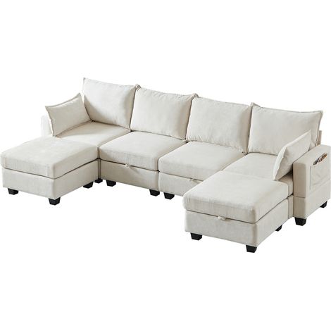 Canapé d'angle modulable en chenille avec ottomane de rangement, 6 places, design en U (1/5)