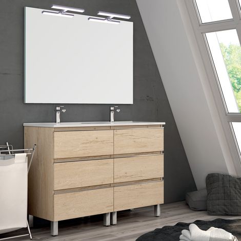 Meuble de salle de bain 140cm double vasque - 6 tiroirs - bambou (chêne clair) - PALMA