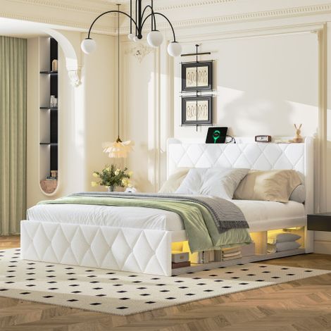 Letto imbottito 160 x 200 cm, in peluche bianco, letto matrimoniale con funzione di ricarica USB, strisce LED su entrambi i lati, dotato di 6 pratici cassetti (1/5)