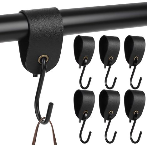 6 Sets Crochets en S de Suspension, Crochet S avec Boucle en Cuir, Crochet en S en Cuir Multifonctions pour ustensiles de cuisine, salle de bain, chambre, bureau, serviettes, sacs et manteaux (Noir) (1/5)