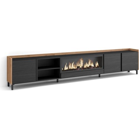 Skraut Home - Mueble TV, Televisión, Muebles de salón, almacenaje, 315x35x61cm, Para TV hasta 80", Chimenea eléctrica XXL, Diseño industrial, Estilo Moderno, Negro y roble (1/5)