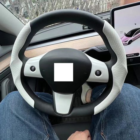 Housse de volant en daim blanc, sur mesure, compatible avec Tesla Model 3 Y (2017-2022-2023). Antidérapante et respirante. Accessoire auto. (1/5)