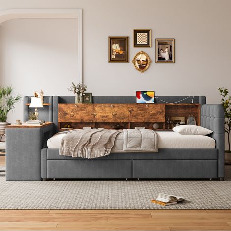 lit adulte rangement bureau 90x200 avec tiroirs gris OKMYHOME (1/5)