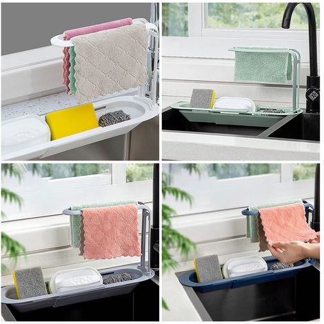 Égouttoir extensible pour évier, grille de séchage de cuisine, range-chiffon, support de rangement (sac) bleu (1/5)