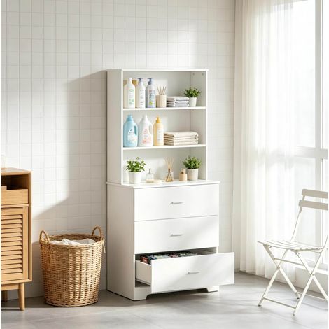 Libreria moderna bianca con 3 ripiani aperti e 3 cassetti 79 x 39,5 x 182,2 cm OKWISH (1/5)