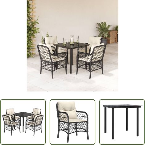 Gartenessgruppe - 5-tlg. Garten-Essgruppe mit Kissen Schwarz Poly Rattan (1/5)