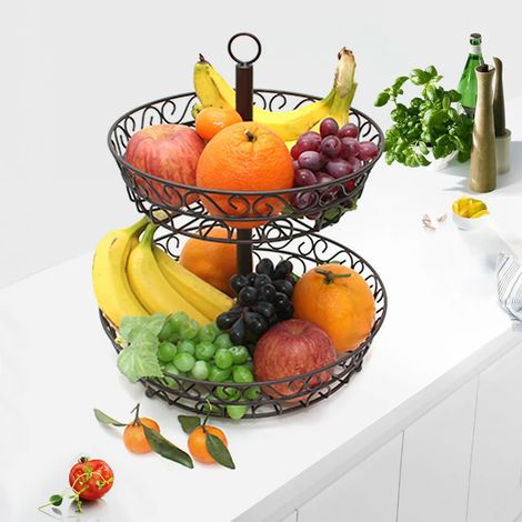 Cesta de frutas Cesta de frutas de 2 niveles Cesta de verduras Soporte para tartas de metal 30 x 30 x 36 cm negro (1/5)