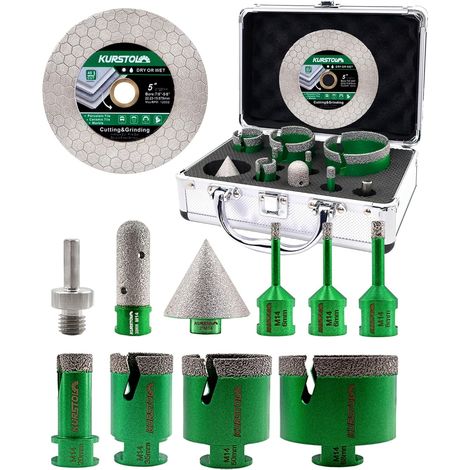 Foret Diamant Carrelage Kit 11 pièces 6/6/8/20/35/50/68mm+20mm Fraise+50mm Chanfrein+125mm Disque Diamant Carrelage+Adaptateur pour Porcelaine Céramique Granit Marbre (1/5)