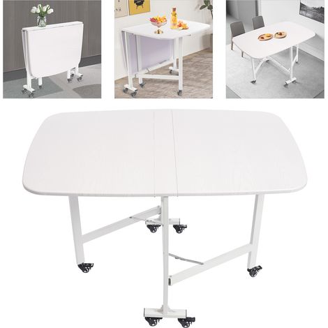 Table Rabattable et Mobile, Table Cuisine Petit Espace Extensible et Pliable, 6 Roues Freinées, pour Salle à Manger, Salon, Bureau, Appartement, Blanc (1/5)