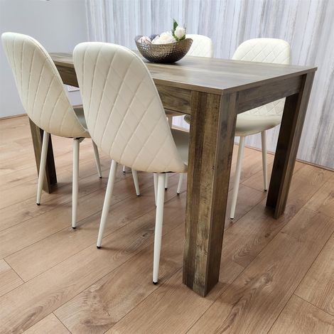 Wooden Dining Table with 4 Cream Gem Patterned Chairs Rusteic Effect Table with Cream Chairs (1/4)