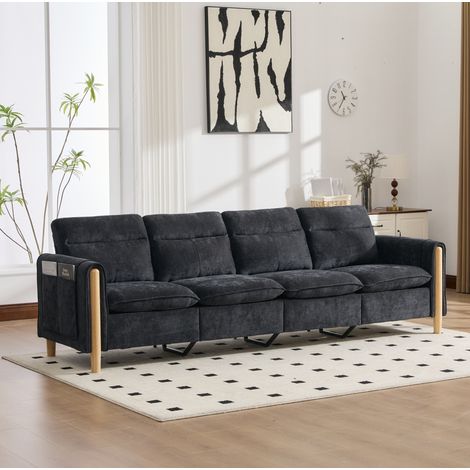 Divano modulare a U 4 posti in ciniglia nera con 2 pouf contenitore, gambe in legno, OKWISH (1/5)