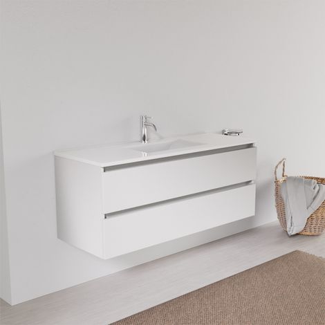 Inda - Badezimmerschrank 2 Schubladen L.120 mit quadratischem Waschbecken – Weißer Ledereffekt (1/5)
