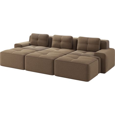 Canapé d'angle modulaire en velours côtelé doux, convertible avec 3 poufs, 3 places, canapé relax brun pour salon, sans cadre (1/5)