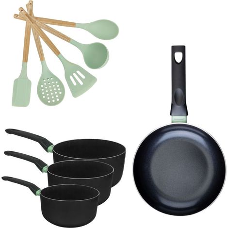 Lot Poêle 28 cm et 3 Casseroles 16/18/20 cm Fackelmann Brandao avec 5 ustensiles Océan (1/5)