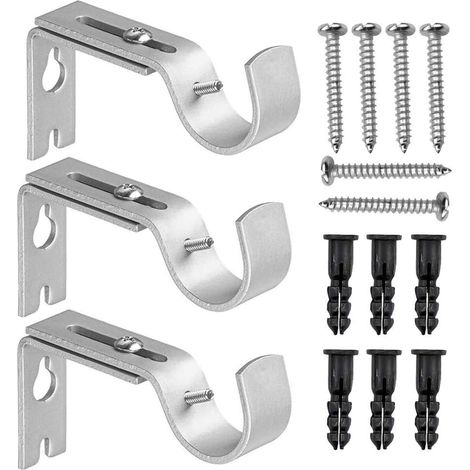 Support de tringle à rideaux réglable, lot de 3 supports muraux, noir, avec vis et perceuse, pour tringle à rideaux ou tringle à vêtements (argenté) (1/5)