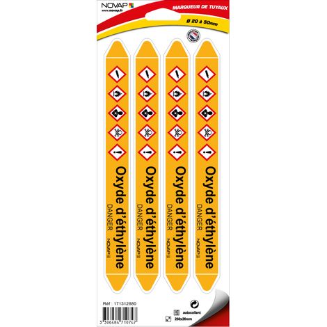 Planche de 4 marqueurs de tuyauterie 250 x 26 mm pour Ø 20 à 50 mm - Oxyde d'éthylène - 4710747