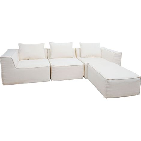 [NON UTILIZZATO] Set di divani componibile HHG-399, divano sofa lounge pouf ottomano penisola, stoffa/tessuto 63x270x190cm, avorio