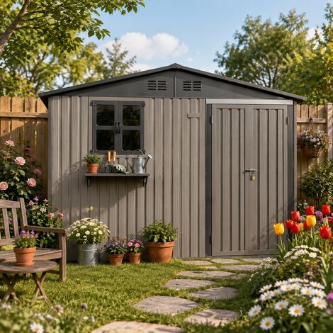 Caseta de jardín exterior de acero galvanizado marrón, dimensiones 295 × 243,6 cm (7,19 m²), con ventanas practicables, puerta con cerradura y estante para plantas, impermeable. (1/5)