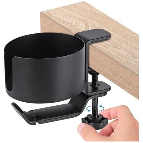 Soporte giratorio de 360 grados para auriculares bajo el escritorio - Soporte de almacenamiento para taza de agua de oficina - Soporte de almacenamiento metálico con pinza para auriculares (negro) (1/5)
