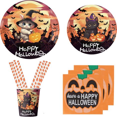 Vaisselle d'Halloween - 50 pièces - Assiettes en carton, gobelets et pailles, décoration de table pour enfants, fête effrayante, jardin (10 pièces) (1/5)
