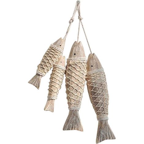 Lot de sculptures de poissons antiques en bois sculpté à la main, avec filet de pêche, décoration murale sur le thème de la plage (1/4)