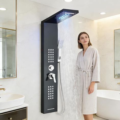Colonne de douche Hydromassante noir avec Mitigeur ,LED Panneau de douche à 5 Fonctions:Douche de Cascade, Pluie,Jets de Massage, Douchette, Bec de Baignoire  Mural