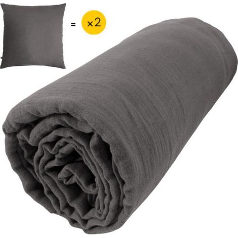 Pack double gaze de coton drap housse 140x190 cm + 2 taies 63x63 cm Anthracite (1/3)