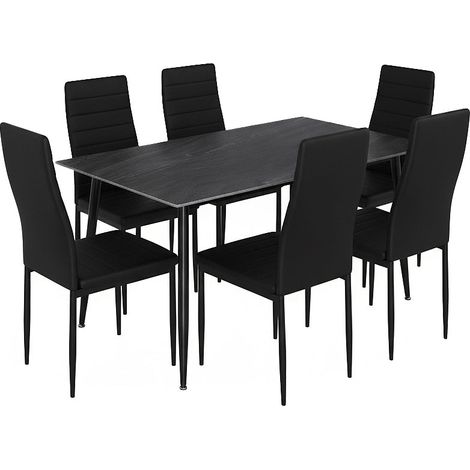 Mesa de Comedor 160cm, Gris Oscuro + 6 Sillas Polipiel, Negro