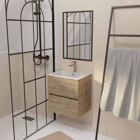 Mobile da bagno 50 Decorazione Rovere Naturale, 2 cassetti, Lavabo bianco e Specchio 50x70cm