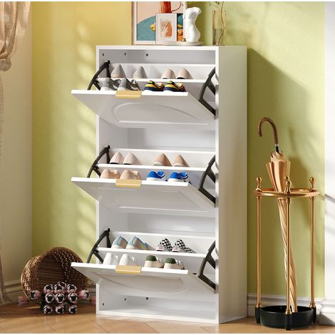 REDOM - Meuble à chaussures 60x24x114 cm, 3 abattants, étroit, avec dispositif anti-basculement, MDF et panneau de particules blanc (1/5)
