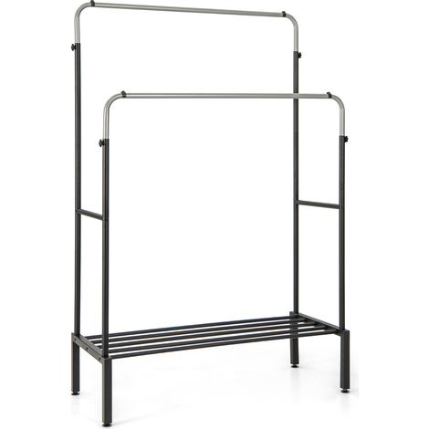 Portant à vêtements argenté double barre en métal avec hauteurs réglables et range-chaussures pour chambre dressing et entrée (1/5)