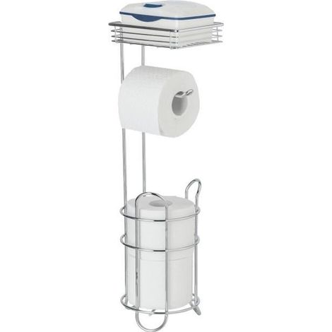 WENKO Porte Papier Toilette sur Pïed avec Dérouleur Papier, Rangement 2 Rouleaux, Etagère pour Lingettes ou Téléphone, Acier Chromé