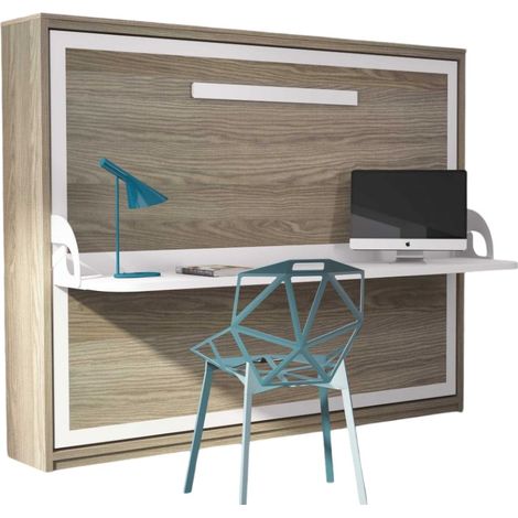 Lit escamotable avec bureau 90x200 chêne clair P 35 Kinoa (1/5)