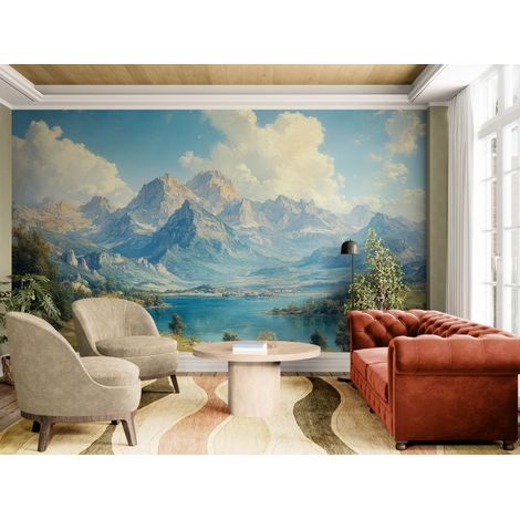 Papier peint Paysage – Montagnes majestueuses et lac bleu calme - 150 x 250 cm (1/2)