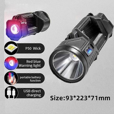 Lampe torche LED rechargeable haute luminosité 10 000 lm, projecteur portable, lanterne de camping solaire USB avec batterie externe intégrée (93 x 223 x 71 mm). (1/5)
