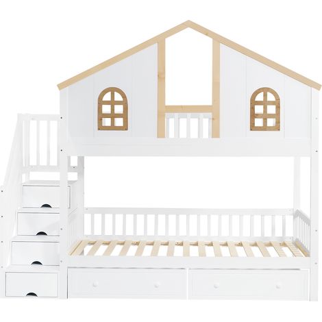 Litera infantil 90x200 cm con ventanas, 2 cajones, escalera, pino y MDF, blanco natural (1/5)
