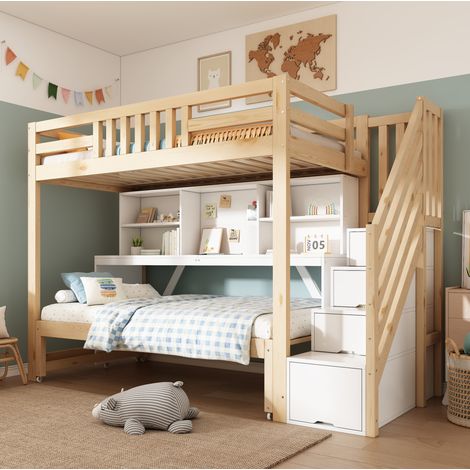 MODFU – Letto a soppalco per bambini 90x200 cm in legno bianco/rovere con letto estraibile 90x190 e scrivania mobile – Bianco/rovere (1/5)