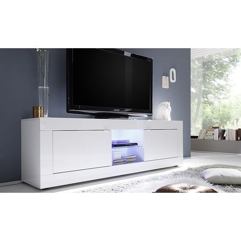 Azura Home Design – Meuble TV blanc high gloss 181 cm – Structure aggloméré haute densité 16 mm – Étagères en verre 4 mm – Poignées et charnières métal (1/4)