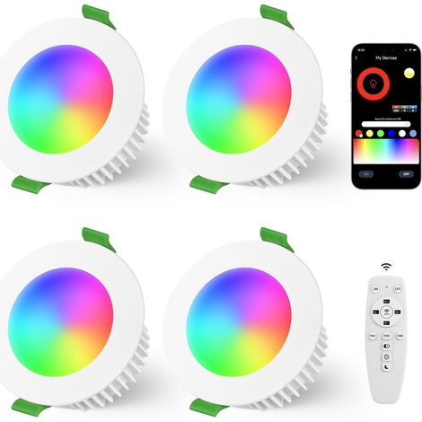 Bluetooth Projecteur LED Encastré RGB 5W 230V, Lot de 4 Spots LED 2700K-6500K, Réglable en Luminosité, Commande via Application & Télécommande, Trou de Perçage 65-80mm, IP44, Noir