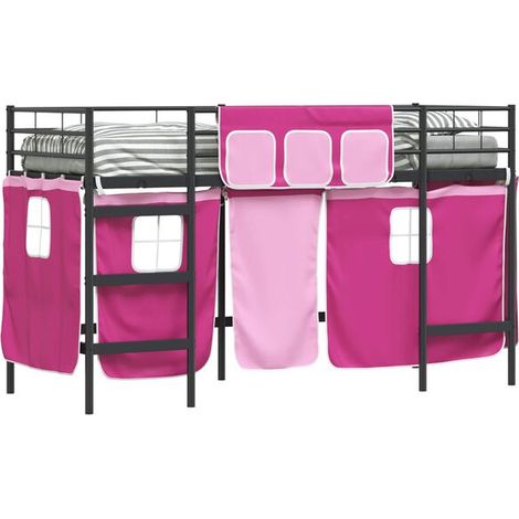 Cadre de lit mezzanine pour enfants avec rideaux noirs et roses (1/5)