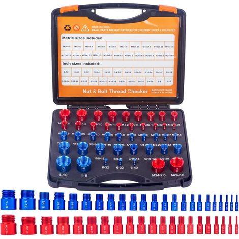44 dispositivos de prueba de roscas (roscas externas/internas), calibres de roscas y tornillos (23 tamaños en pulgadas y 21 métricos), calibres de tornillos y tuercas para la determinación de tamaño e (1/5)