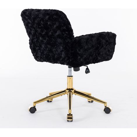 Chaise de bureau confortable en fausse fourrure de lapin noire avec accoudoirs, hauteur réglable, base métallique dorée à roulettes 360° (1/5)