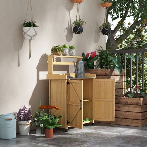 Table de jardin avec armoire, étagères et plan antidérapant en pin jaune pour rempotage (1/5)