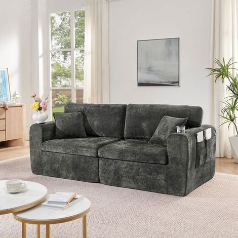 Petit Canapé 220x100x89cm Tissu Chenille Doux - Canapé 2 Places - Port USB Porte-Gobelets Poches Latérales Confortable Noir (1/5)