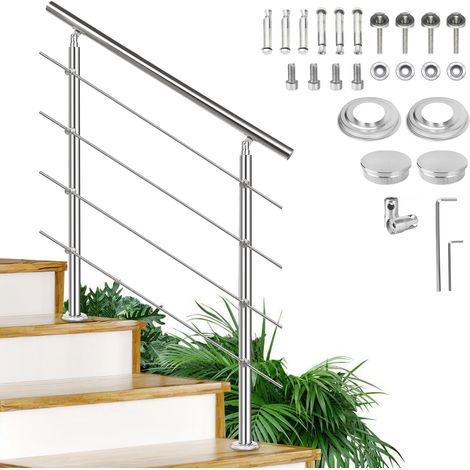 Rampe d'escalier en Acier Inoxydable, avec Anneau à Billes et 2 Poteaux, pour Escalier Balcon Terrasse - 180cm, avec 4 Crossbar