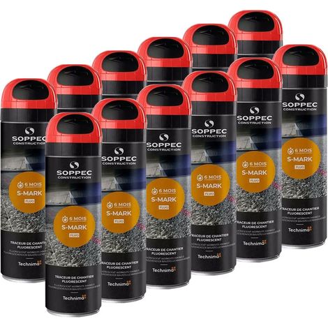 SOPPEC Pack de 12 Traceurs de Chantier Fluorescent Rouge 6 Mois S MARK - Aérosol 500ml (1/2)