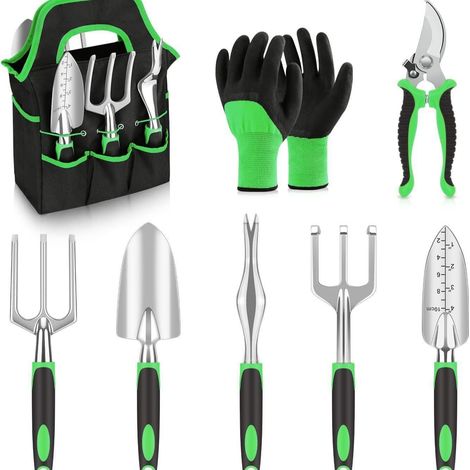 Ensemble d'outils de jardin, 8 outils de jardin robustes comprenant des coupe-bordures, des gants, des râteaux, des pelles, etc., outils à main ergonomiques pour planter, tailler et repiquer. (1/5)
