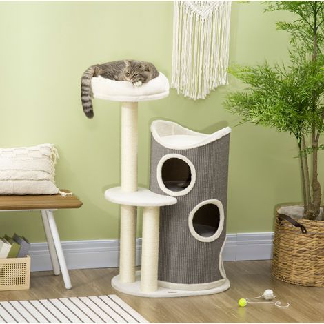 Arbre à chat 109 cm avec tonneau griffoir, niche et poteaux en sisal, blanc et gris OKMYHOME (1/5)
