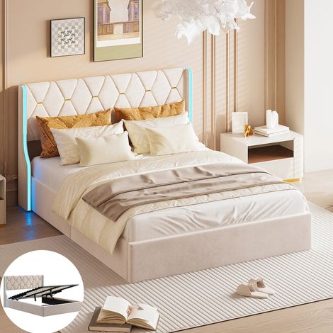 Lit coffre double 160 x 200, Chambre complete adulte, Lit Rembourré avec LED,Cadre de Lit 2 Personnes,Sommier à Lattes,Velours Beige