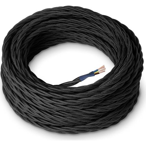 50 Mètres Câble Électrique Textile Noir Torsadé Soie 3x0,75 Avec Terre Pour Lampes Lustres Appliques Intérieur